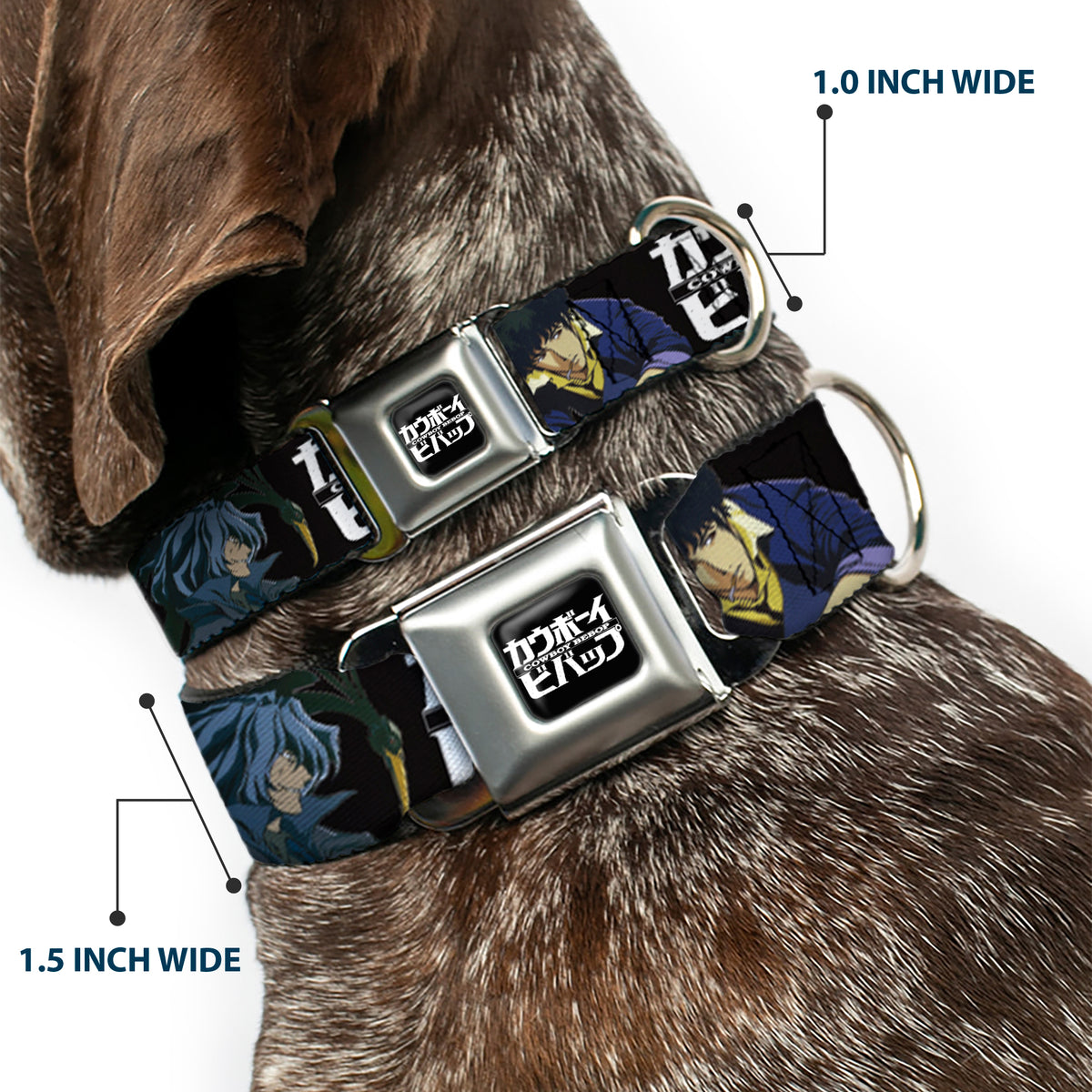 COWBOY BEBOP Title Logo Full Color Black/White Seatbelt Buckle Collar - COWBOY BEBOP Spike and Vicious Pose and Title Logo Black/Blues Dog Collars Seatbelt Buckle Cowboy Bebop