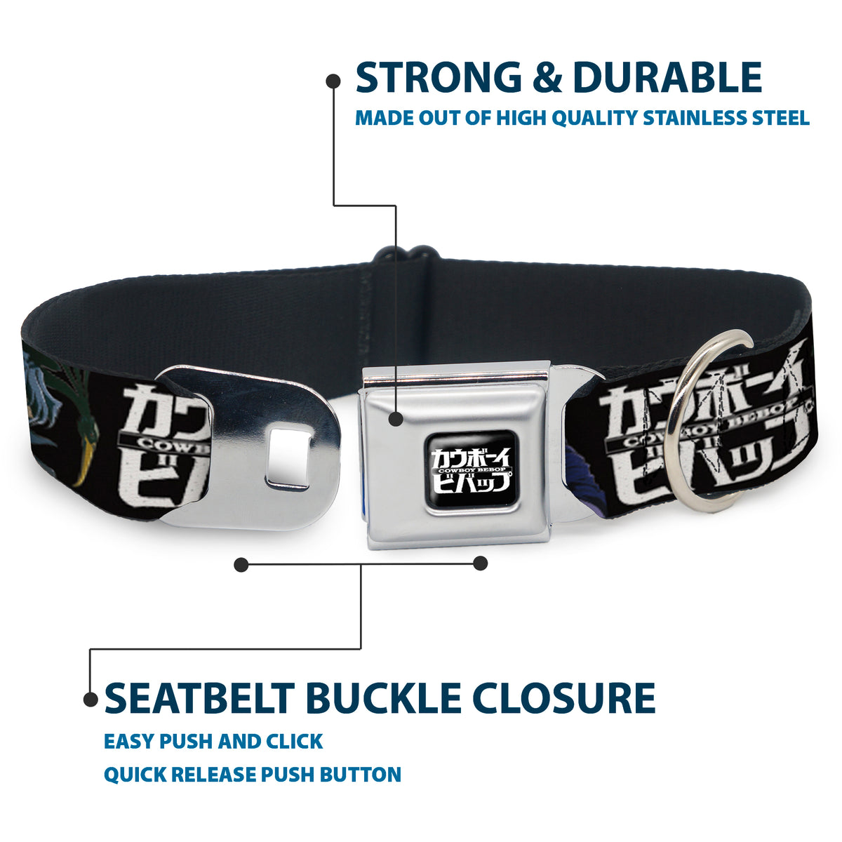 COWBOY BEBOP Title Logo Full Color Black/White Seatbelt Buckle Collar - COWBOY BEBOP Spike and Vicious Pose and Title Logo Black/Blues Dog Collars Seatbelt Buckle Cowboy Bebop