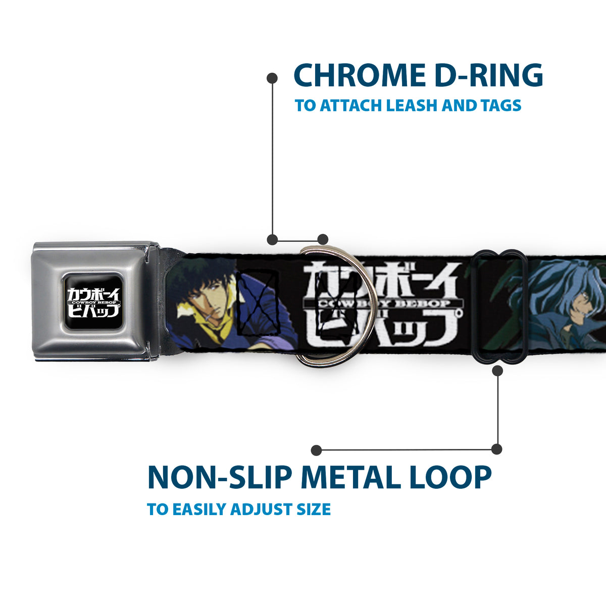 COWBOY BEBOP Title Logo Full Color Black/White Seatbelt Buckle Collar - COWBOY BEBOP Spike and Vicious Pose and Title Logo Black/Blues Dog Collars Seatbelt Buckle Cowboy Bebop