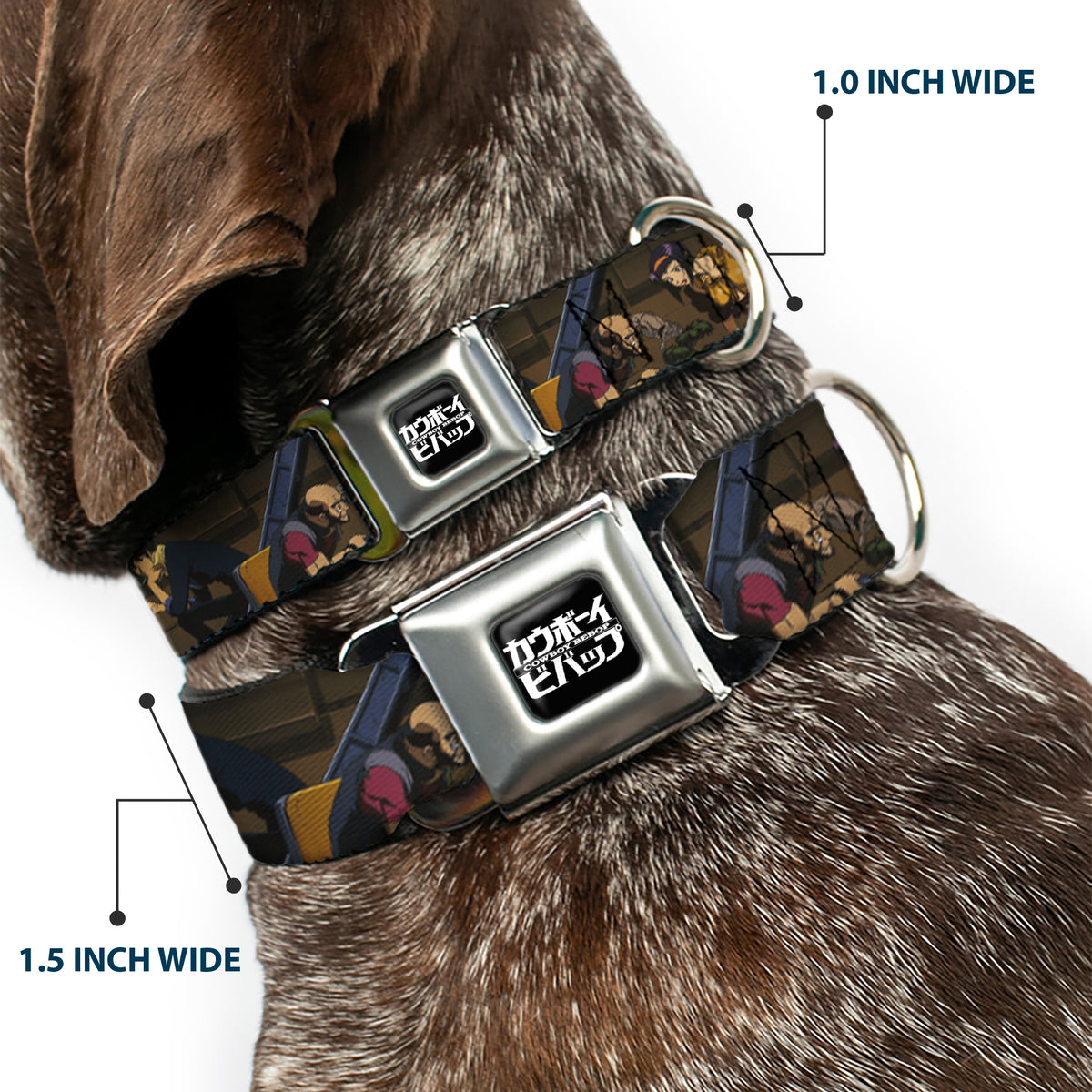 COWBOY BEBOP Title Logo Full Color Black/White Seatbelt Buckle Collar - COWBOY BEBOP Jet Black and Crew Bonsai Tree Scene and Title Logo Dog Collars Seatbelt Buckle Cowboy Bebop