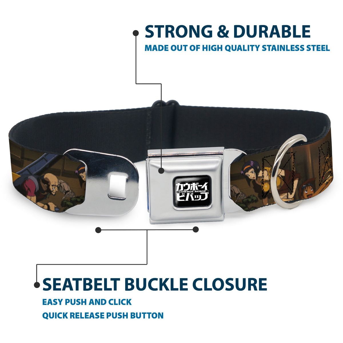 COWBOY BEBOP Title Logo Full Color Black/White Seatbelt Buckle Collar - COWBOY BEBOP Jet Black and Crew Bonsai Tree Scene and Title Logo Dog Collars Seatbelt Buckle Cowboy Bebop