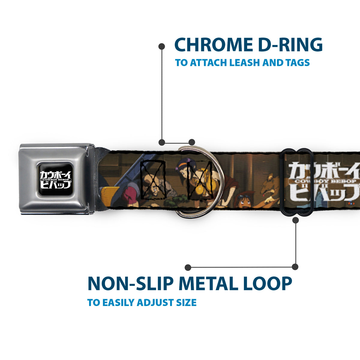 COWBOY BEBOP Title Logo Full Color Black/White Seatbelt Buckle Collar - COWBOY BEBOP Jet Black and Crew Bonsai Tree Scene and Title Logo Dog Collars Seatbelt Buckle Cowboy Bebop