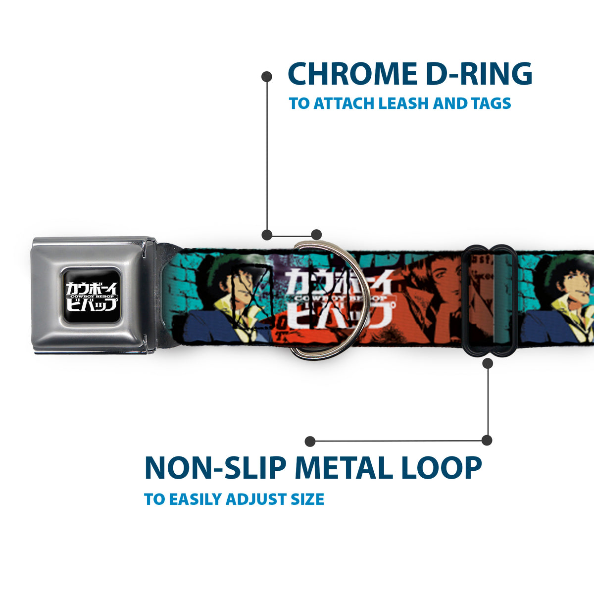 COWBOY BEBOP Title Logo Full Color Black/White Seatbelt Buckle Collar - COWBOY BEBOP Spike and Faye Brick Pose and Title Logo Blues/Reds Dog Collars Seatbelt Buckle Cowboy Bebop