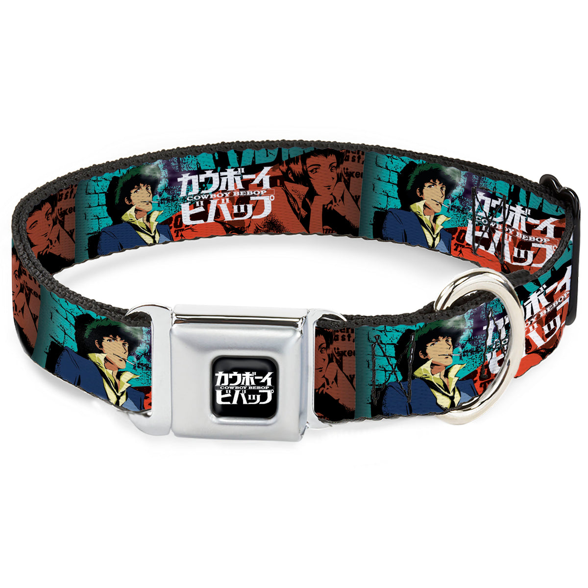 COWBOY BEBOP Title Logo Full Color Black/White Seatbelt Buckle Collar - COWBOY BEBOP Spike and Faye Brick Pose and Title Logo Blues/Reds Dog Collars Seatbelt Buckle Cowboy Bebop