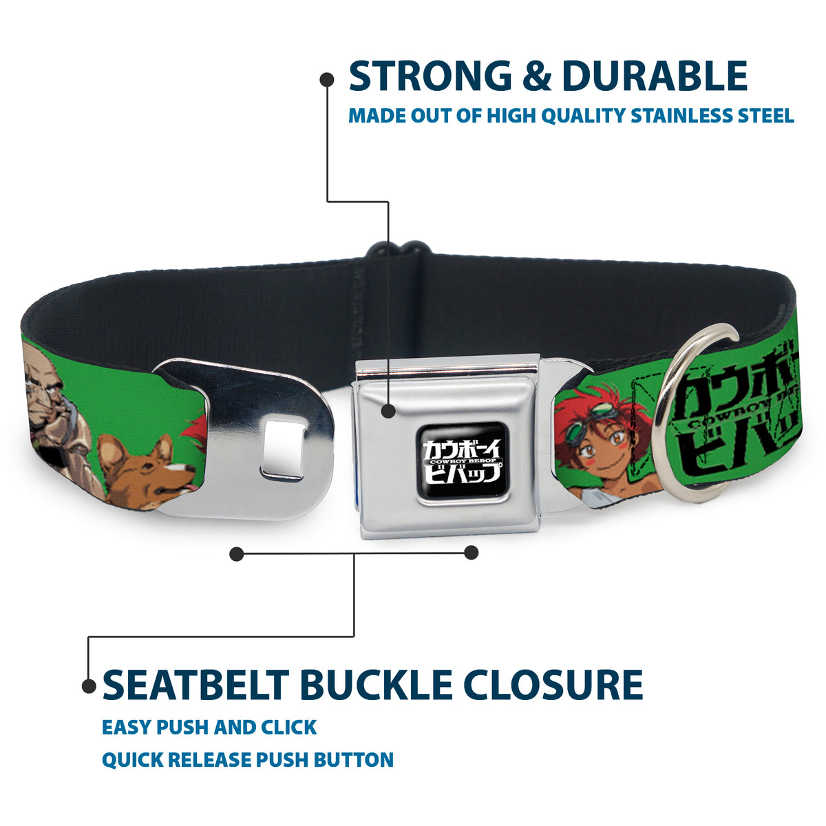 COWBOY BEBOP Title Logo Full Color Black/White Seatbelt Buckle Collar - COWBOY BEBOP Crew Group Pose and Title Logo Green/Black Dog Collars Seatbelt Buckle Cowboy Bebop