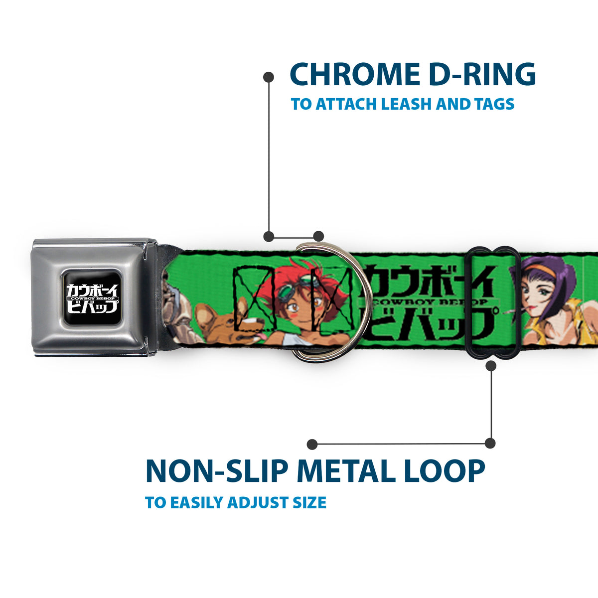 COWBOY BEBOP Title Logo Full Color Black/White Seatbelt Buckle Collar - COWBOY BEBOP Crew Group Pose and Title Logo Green/Black Dog Collars Seatbelt Buckle Cowboy Bebop