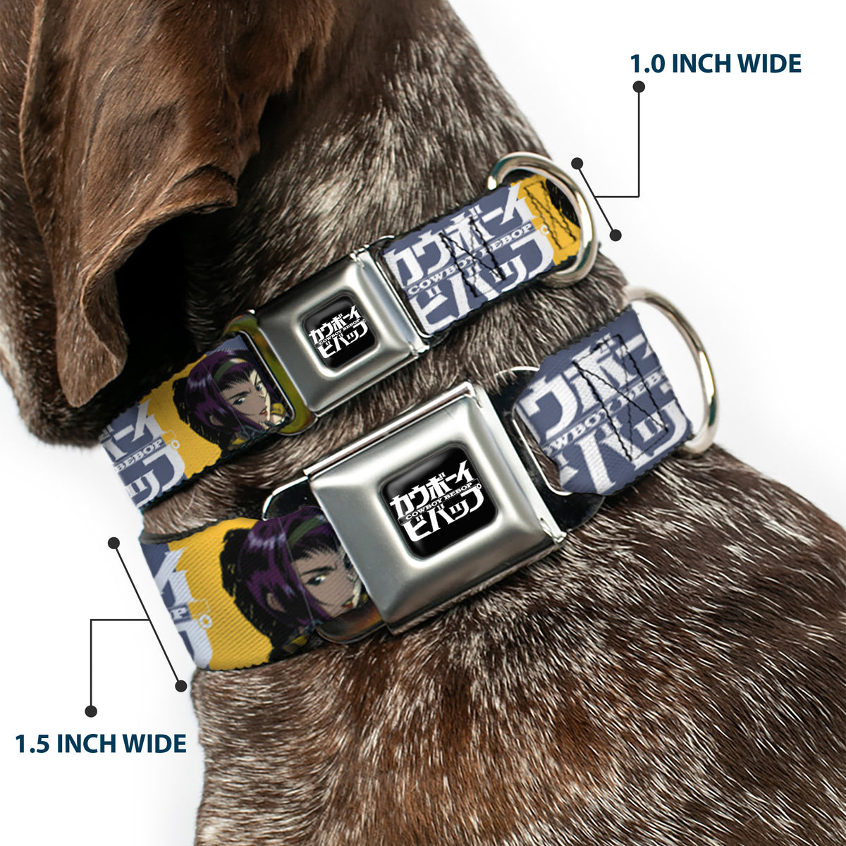 COWBOY BEBOP Title Logo Full Color Black/White Seatbelt Buckle Collar - COWBOY BEBOP Spike Vicious and Faye Pose and Title Logo Blues/Yellow Dog Collars Seatbelt Buckle Cowboy Bebop