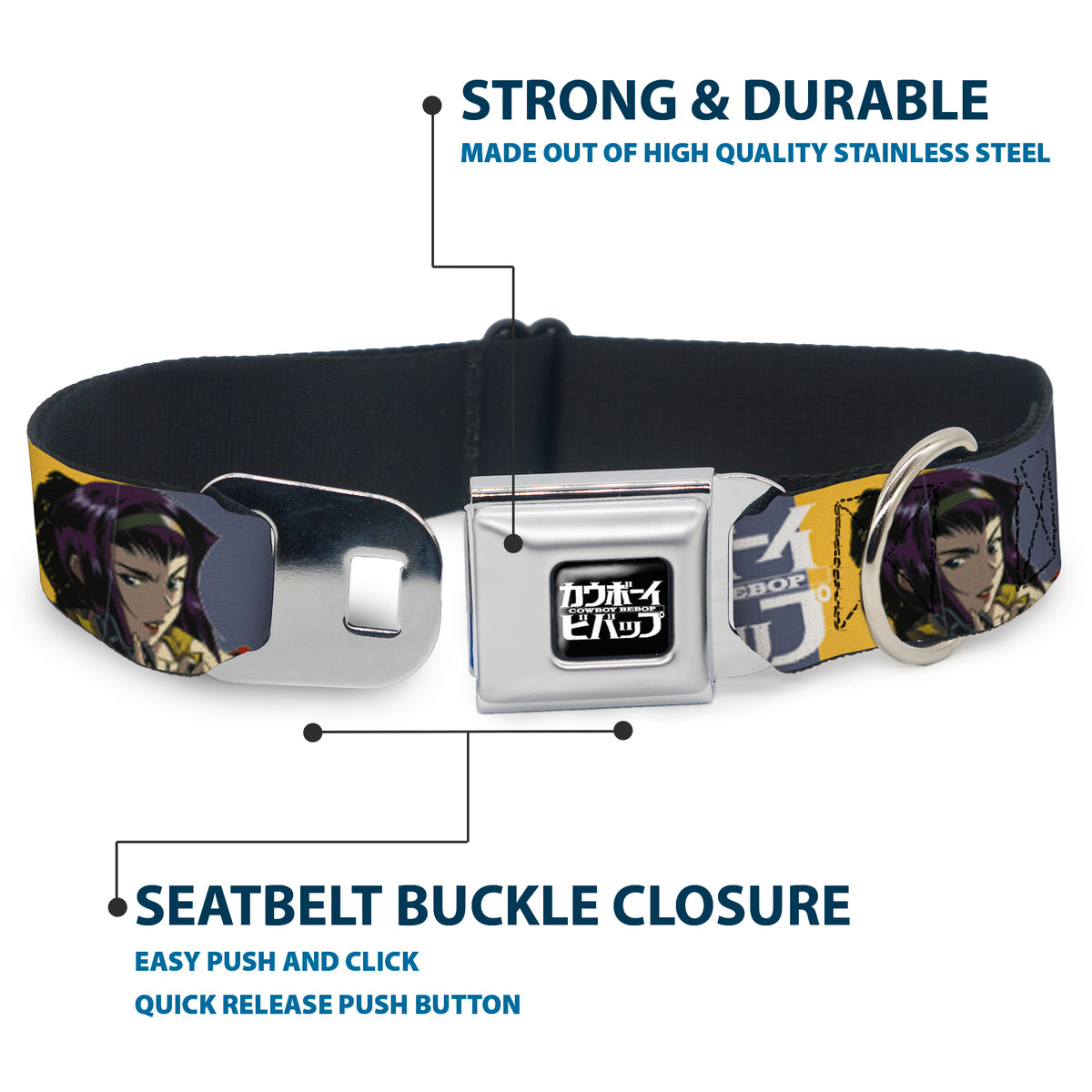 COWBOY BEBOP Title Logo Full Color Black/White Seatbelt Buckle Collar - COWBOY BEBOP Spike Vicious and Faye Pose and Title Logo Blues/Yellow Dog Collars Seatbelt Buckle Cowboy Bebop
