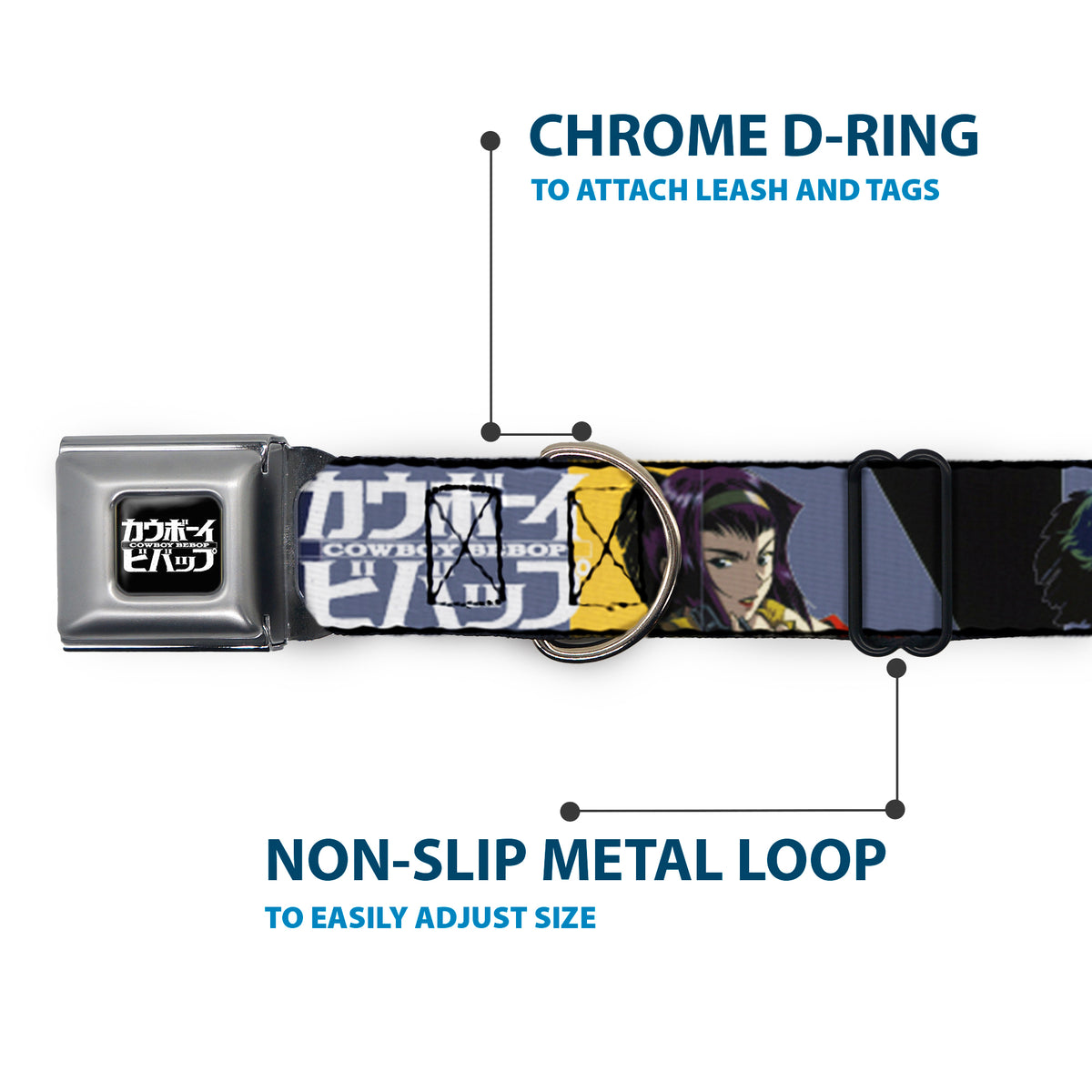 COWBOY BEBOP Title Logo Full Color Black/White Seatbelt Buckle Collar - COWBOY BEBOP Spike Vicious and Faye Pose and Title Logo Blues/Yellow Dog Collars Seatbelt Buckle Cowboy Bebop