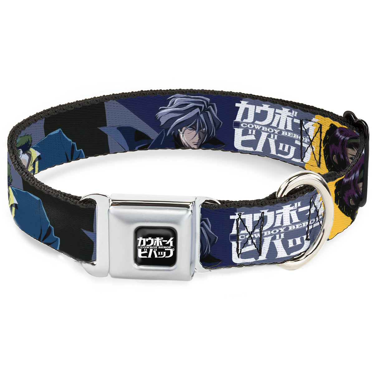 COWBOY BEBOP Title Logo Full Color Black/White Seatbelt Buckle Collar - COWBOY BEBOP Spike Vicious and Faye Pose and Title Logo Blues/Yellow Dog Collars Seatbelt Buckle Cowboy Bebop
