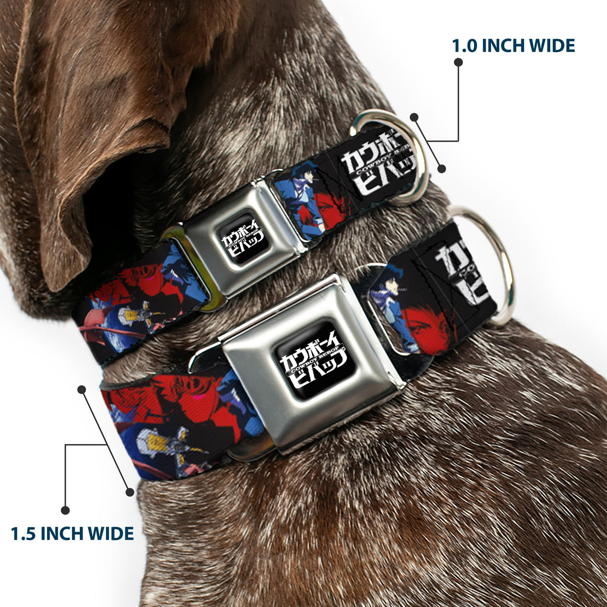 COWBOY BEBOP Title Logo Full Color Black/White Seatbelt Buckle Collar - COWBOY BEBOP Spike Pose and Crew Collage and Title Logo Black Dog Collars Seatbelt Buckle Cowboy Bebop