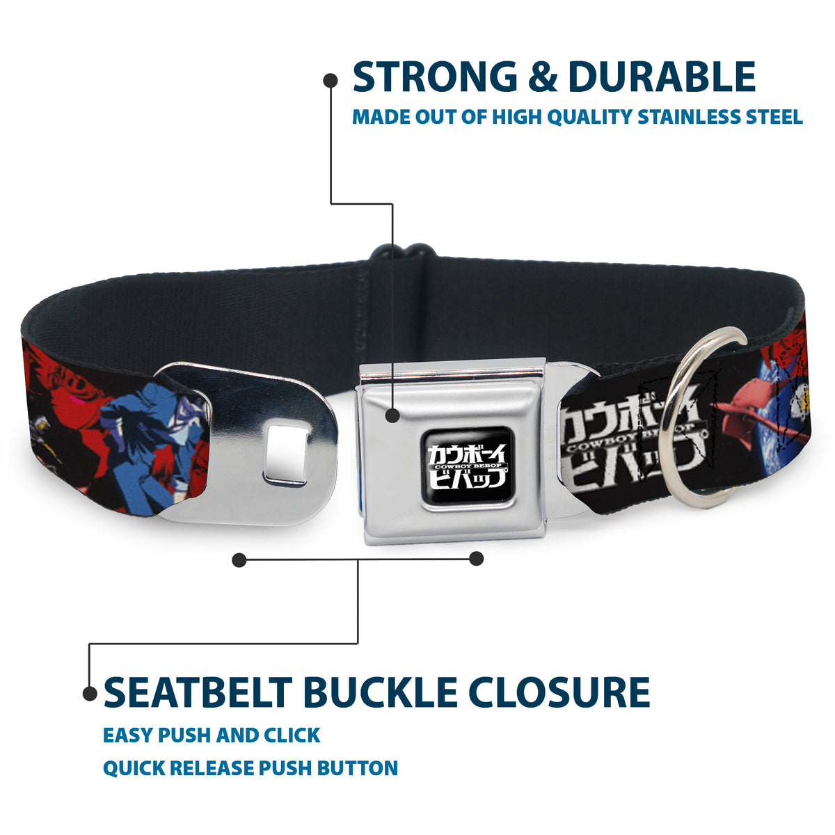 COWBOY BEBOP Title Logo Full Color Black/White Seatbelt Buckle Collar - COWBOY BEBOP Spike Pose and Crew Collage and Title Logo Black Dog Collars Seatbelt Buckle Cowboy Bebop