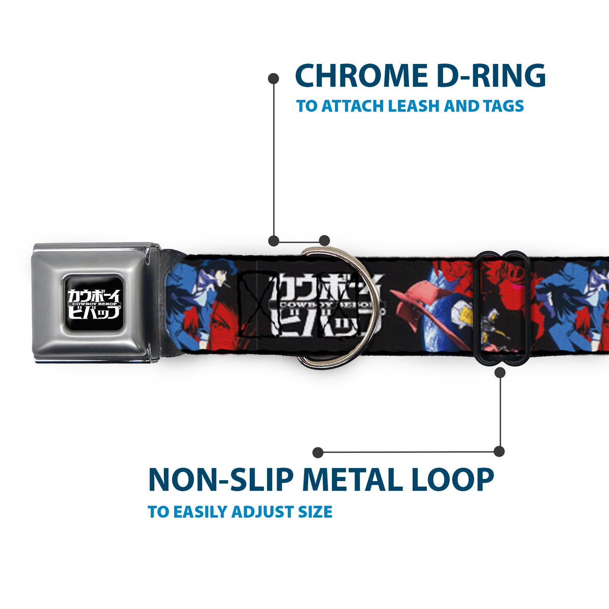 COWBOY BEBOP Title Logo Full Color Black/White Seatbelt Buckle Collar - COWBOY BEBOP Spike Pose and Crew Collage and Title Logo Black Dog Collars Seatbelt Buckle Cowboy Bebop