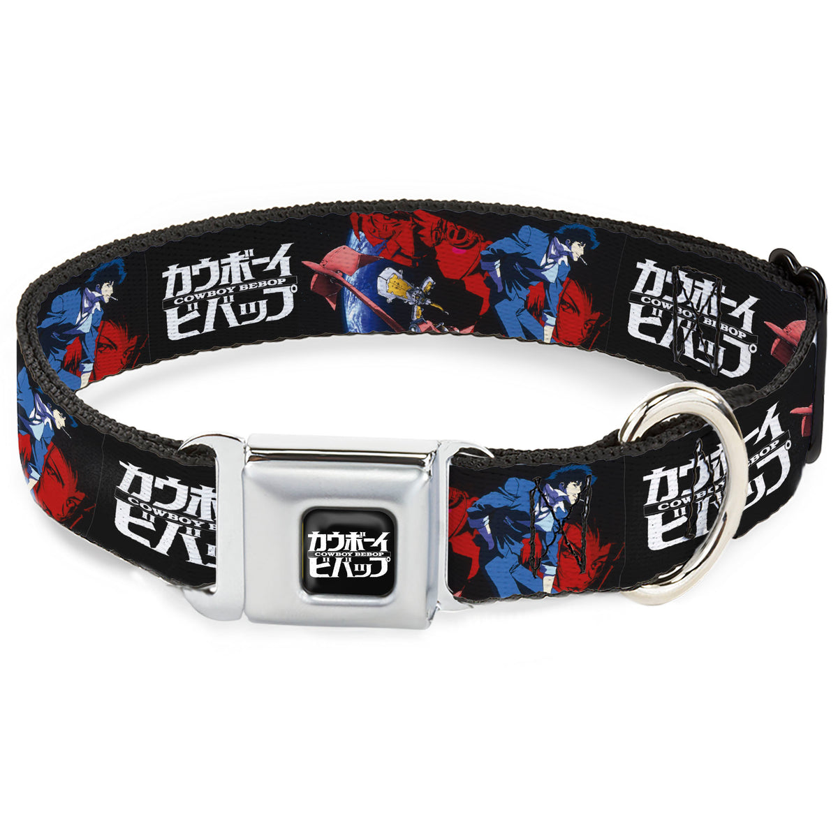 COWBOY BEBOP Title Logo Full Color Black/White Seatbelt Buckle Collar - COWBOY BEBOP Spike Pose and Crew Collage and Title Logo Black Dog Collars Seatbelt Buckle Cowboy Bebop