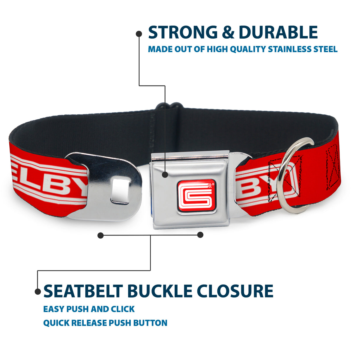 Carroll Shelby CS Racing Logo Full Color Red/White Seatbelt Buckle Collar - Carroll Shelby CS SHELBY Racing Logo Block Red/White Dog Collars Seatbelt Buckle Shelby