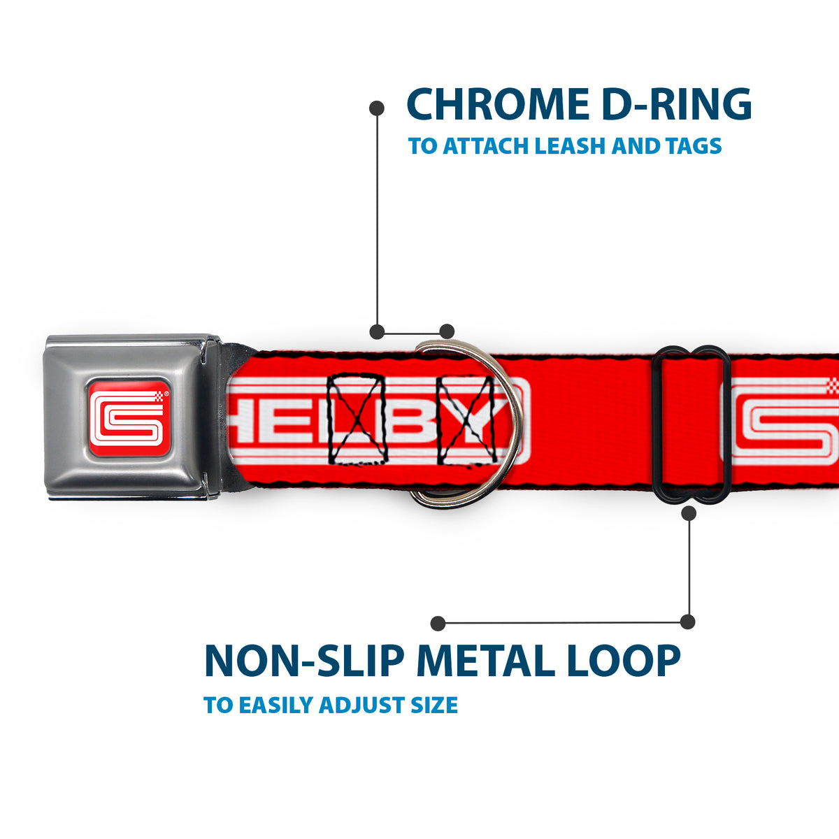 Carroll Shelby CS Racing Logo Full Color Red/White Seatbelt Buckle Collar - Carroll Shelby CS SHELBY Racing Logo Block Red/White Dog Collars Seatbelt Buckle Shelby