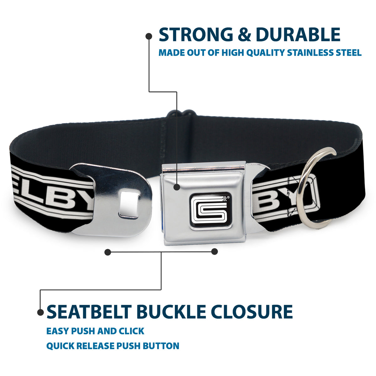 Carroll Shelby CS Racing Logo Full Color Black/White Seatbelt Buckle Collar - Carroll Shelby CS SHELBY Racing Logo Block Black/White Dog Collars Seatbelt Buckle Shelby