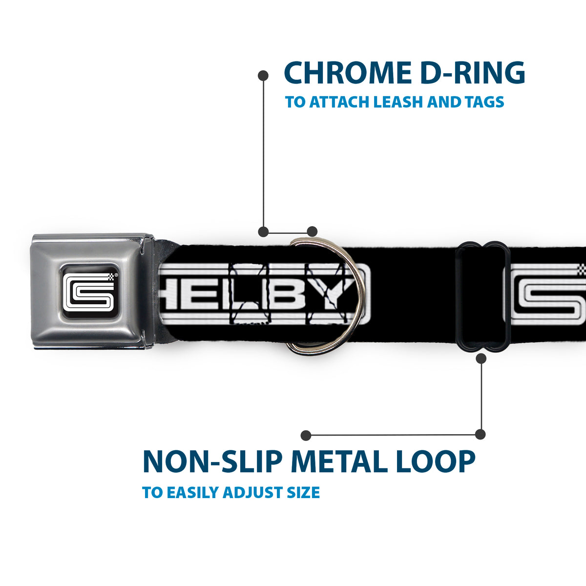 Carroll Shelby CS Racing Logo Full Color Black/White Seatbelt Buckle Collar - Carroll Shelby CS SHELBY Racing Logo Block Black/White Dog Collars Seatbelt Buckle Shelby