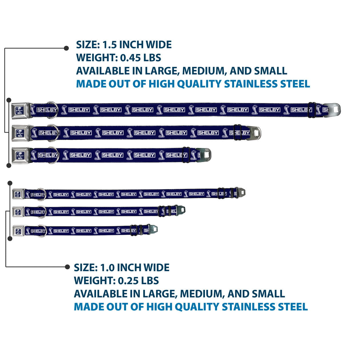 SHELBY Super Snake Cobra Split Full Color Blue/White Seatbelt Buckle Collar - SHELBY Box Logo and Super Snake Cobra Blue/White Dog Collars Seatbelt Buckle Shelby