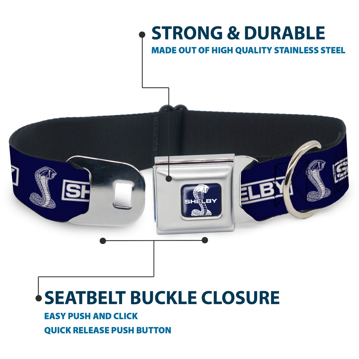 SHELBY Super Snake Cobra Split Full Color Blue/White Seatbelt Buckle Collar - SHELBY Box Logo and Super Snake Cobra Blue/White Dog Collars Seatbelt Buckle Shelby
