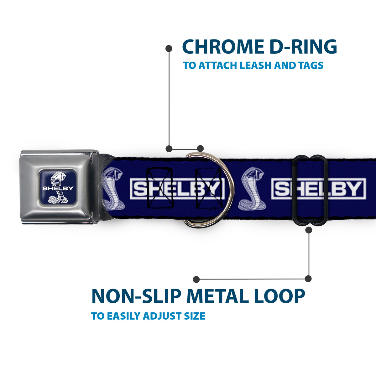 SHELBY Super Snake Cobra Split Full Color Blue/White Seatbelt Buckle Collar - SHELBY Box Logo and Super Snake Cobra Blue/White Dog Collars Seatbelt Buckle Shelby
