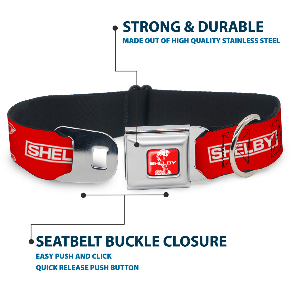SHELBY Super Snake Cobra Split Full Color Red/White Seatbelt Buckle Collar - SHELBY Box Logo and Super Snake Cobra Red/White Dog Collars Seatbelt Buckle Shelby