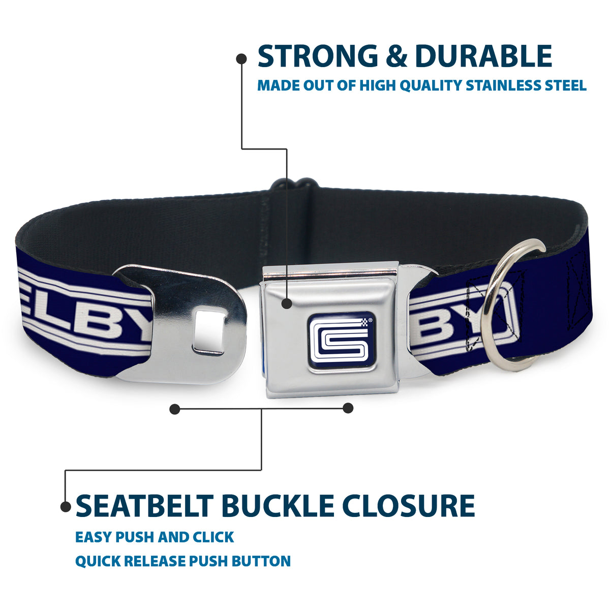 Carroll Shelby CS Racing Logo Full Color Navy/White Seatbelt Buckle Collar - Carroll Shelby CS SHELBY Racing Logo Block Navy/White Dog Collars Seatbelt Buckle Shelby