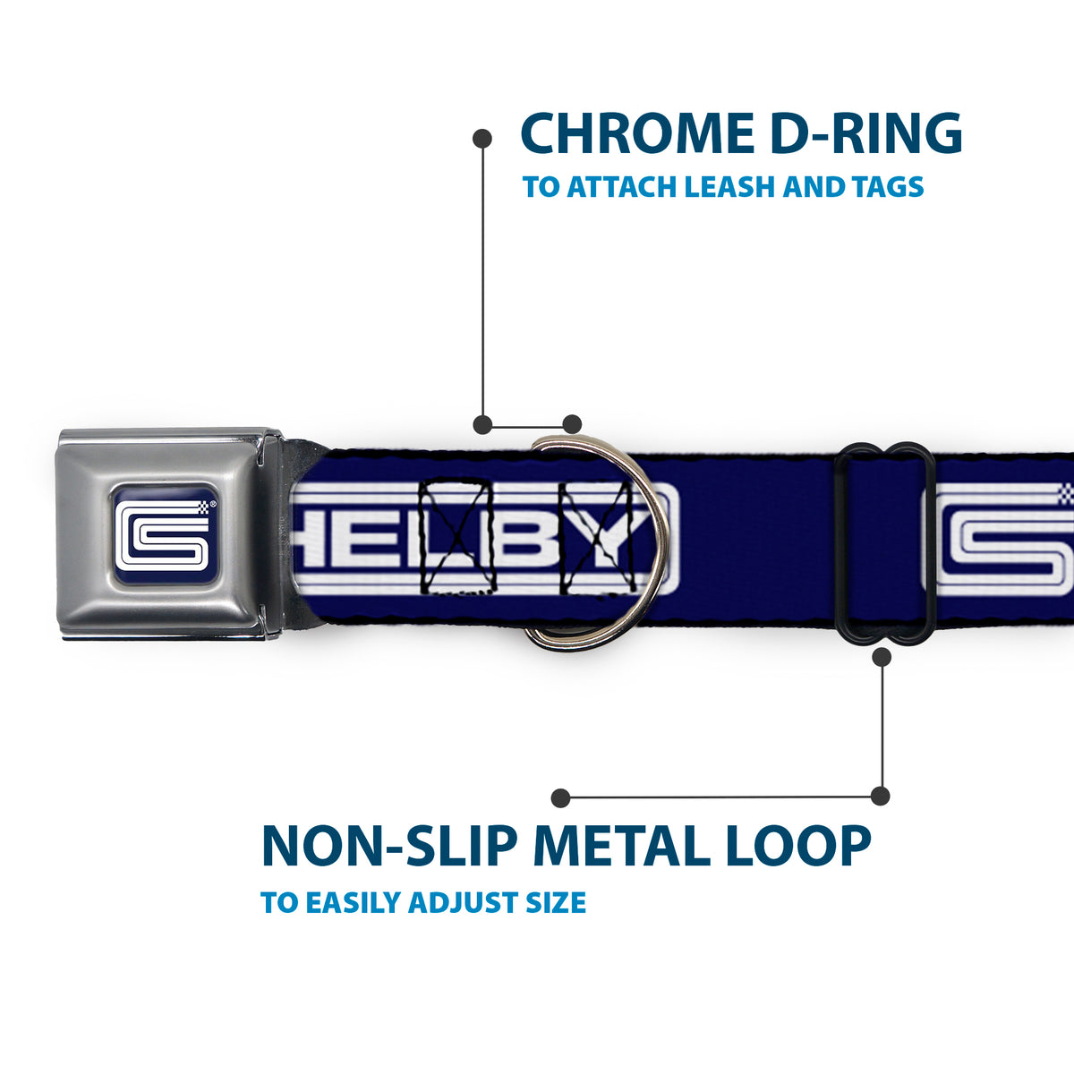 Carroll Shelby CS Racing Logo Full Color Navy/White Seatbelt Buckle Collar - Carroll Shelby CS SHELBY Racing Logo Block Navy/White Dog Collars Seatbelt Buckle Shelby