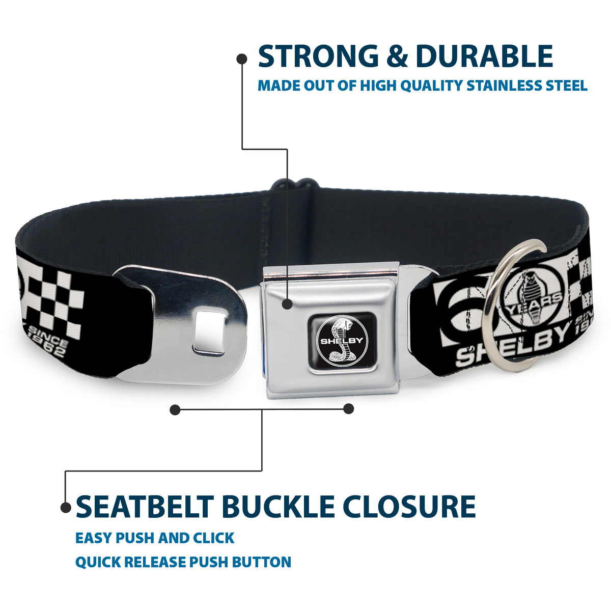SHELBY Tiffany Split Full Color Black/White Seatbelt Buckle Collar - SHELBY 60 YEARS SINCE 1962 Checker Black/White Dog Collars Seatbelt Buckle Shelby