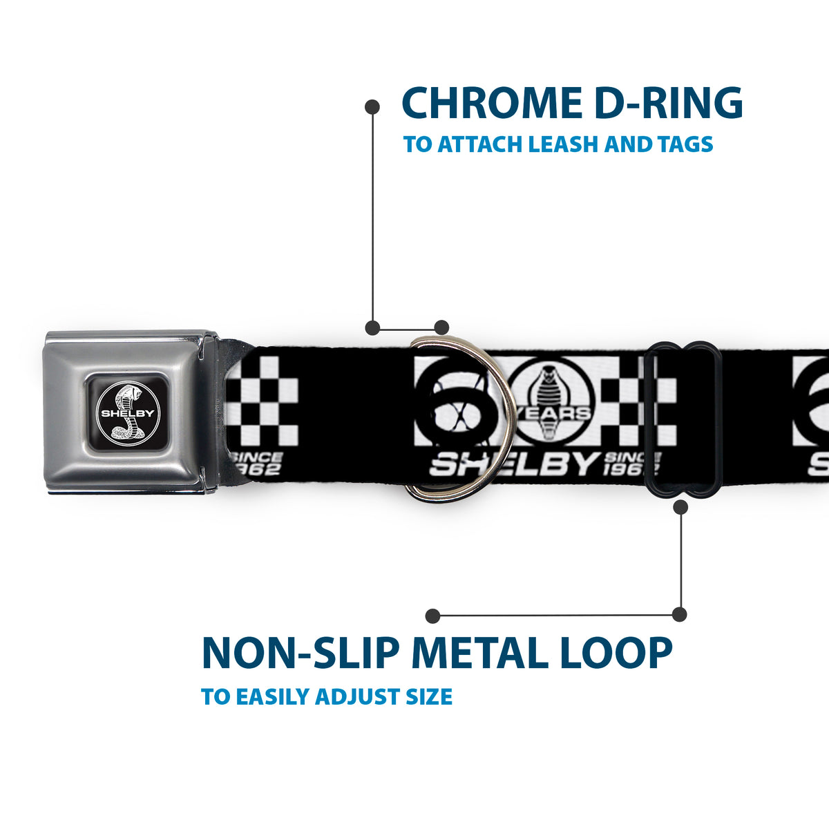 SHELBY Tiffany Split Full Color Black/White Seatbelt Buckle Collar - SHELBY 60 YEARS SINCE 1962 Checker Black/White Dog Collars Seatbelt Buckle Shelby