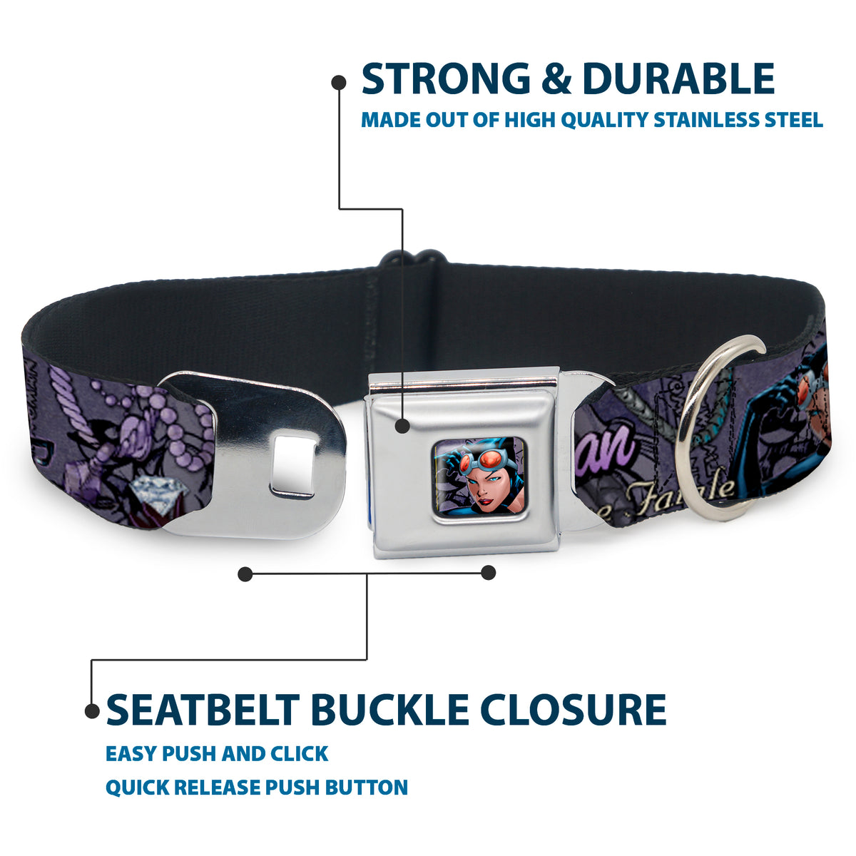 Catwoman Face Full Color Purple Seatbelt Buckle Collar - CATWOMAN-NINE LIVES OF A FELINE FATALE Pose2/Jewelry/Black Cat Purples Dog Collars Seatbelt Buckle DC Comics