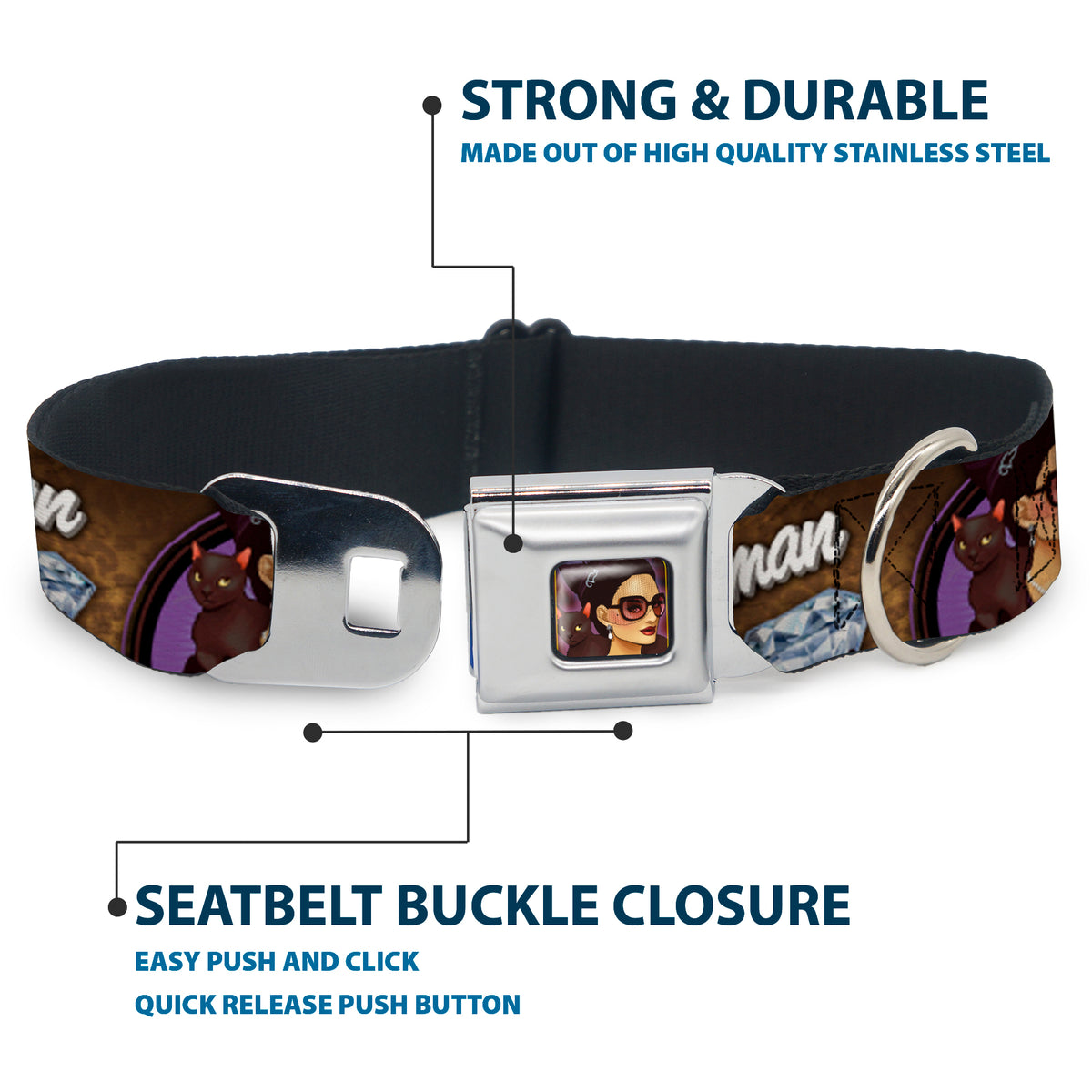 CATWOMAN Bombshell Face Full Color Purple Seatbelt Buckle Collar - CATWOMAN-NINE LIVES OF A FELINE FATALE Bombshell Pose/Diamonds Dog Collars Seatbelt Buckle DC Comics