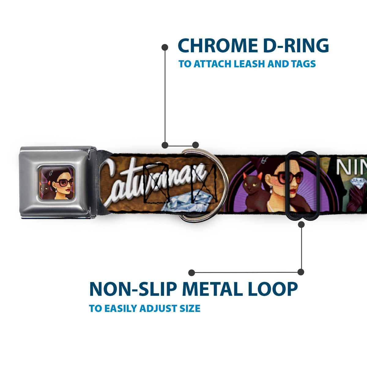 CATWOMAN Bombshell Face Full Color Purple Seatbelt Buckle Collar - CATWOMAN-NINE LIVES OF A FELINE FATALE Bombshell Pose/Diamonds Dog Collars Seatbelt Buckle DC Comics