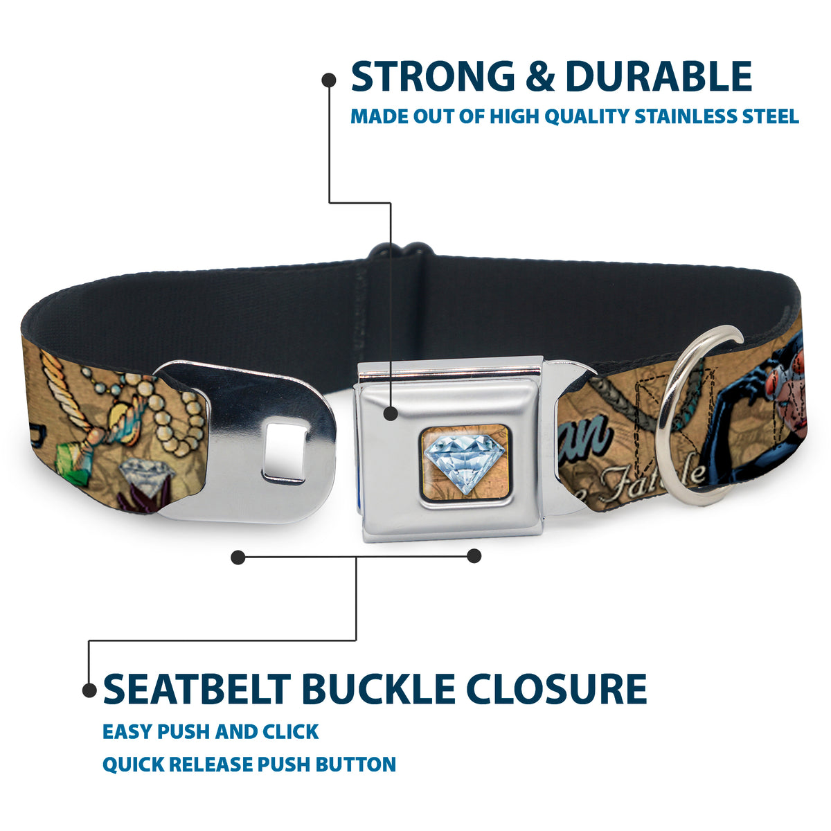 Catwoman Diamond Full Color Tans Seatbelt Buckle Collar - CATWOMAN-NINE LIVES OF A FELINE FATALE Pose2/Jewelry/Black Cat Tans Dog Collars Seatbelt Buckle DC Comics