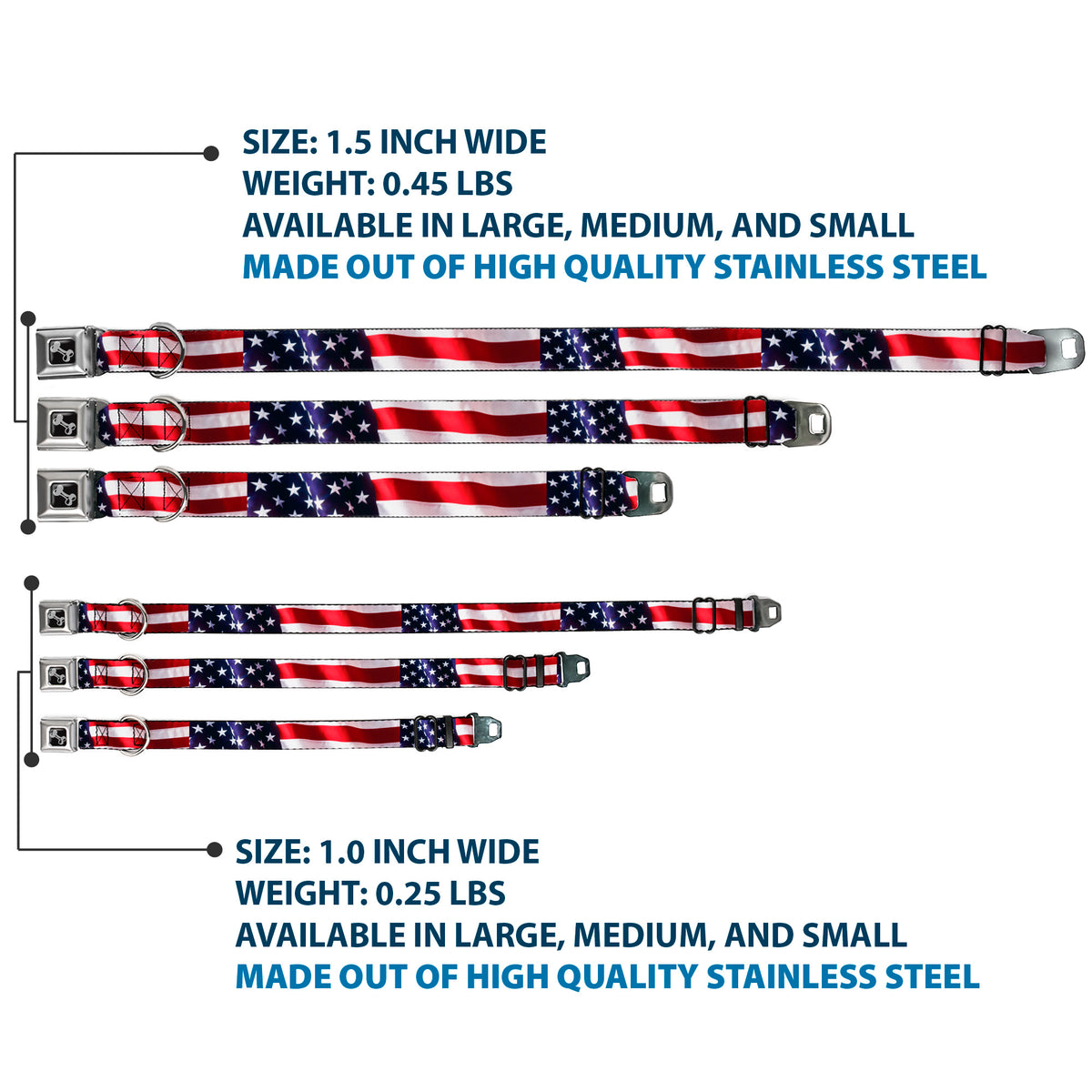 Dog Bone Seatbelt Buckle Collar - American Flag Vivid CLOSE-UP Dog Collars Seatbelt Buckle Buckle-Down
