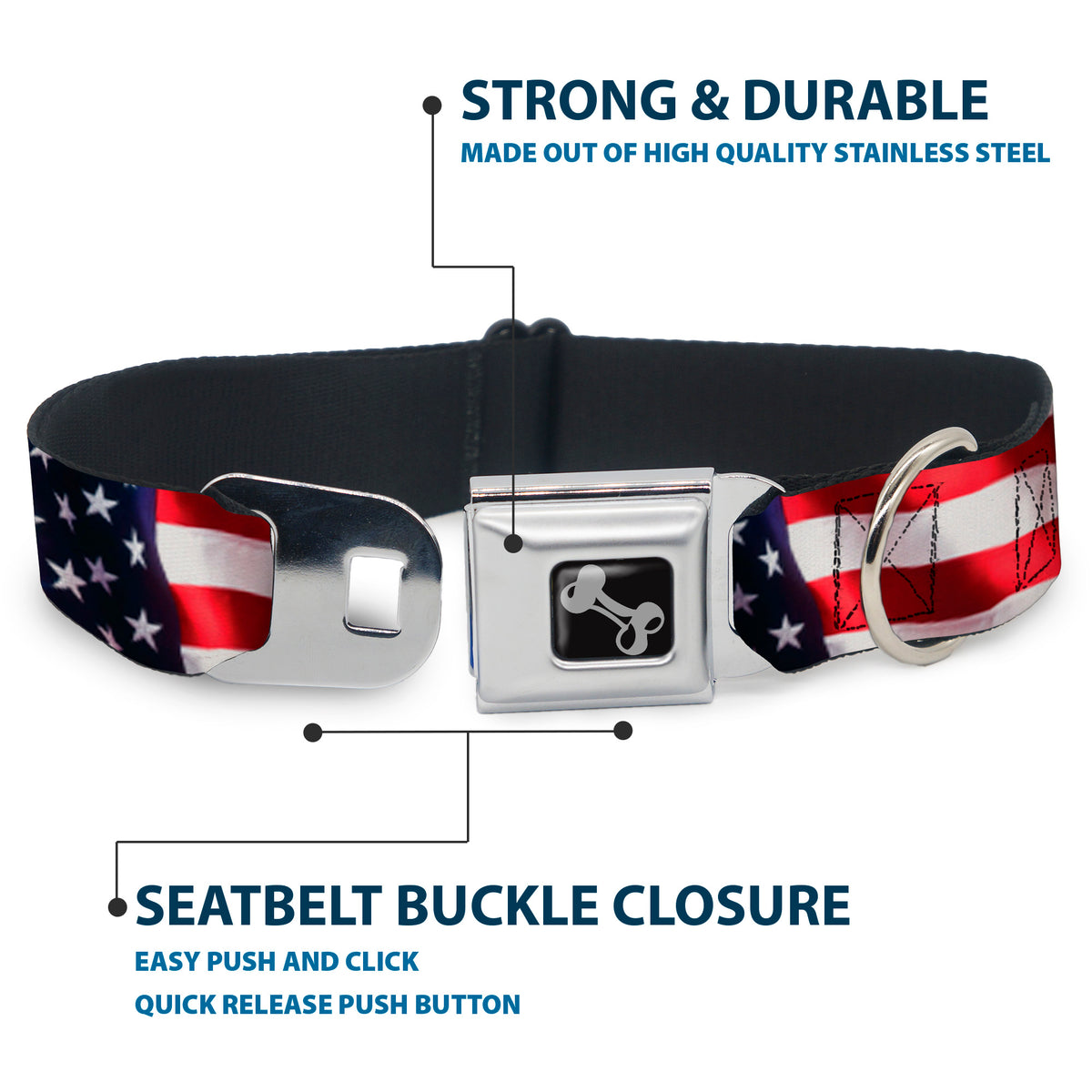 Dog Bone Seatbelt Buckle Collar - American Flag Vivid CLOSE-UP Dog Collars Seatbelt Buckle Buckle-Down