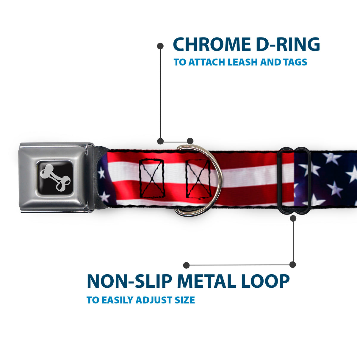 Dog Bone Seatbelt Buckle Collar - American Flag Vivid CLOSE-UP Dog Collars Seatbelt Buckle Buckle-Down
