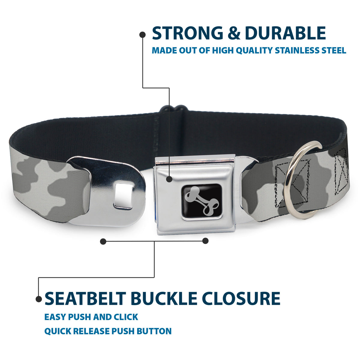 Dog Bone Seatbelt Buckle Collar - Camo White Dog Collars Seatbelt Buckle Buckle-Down