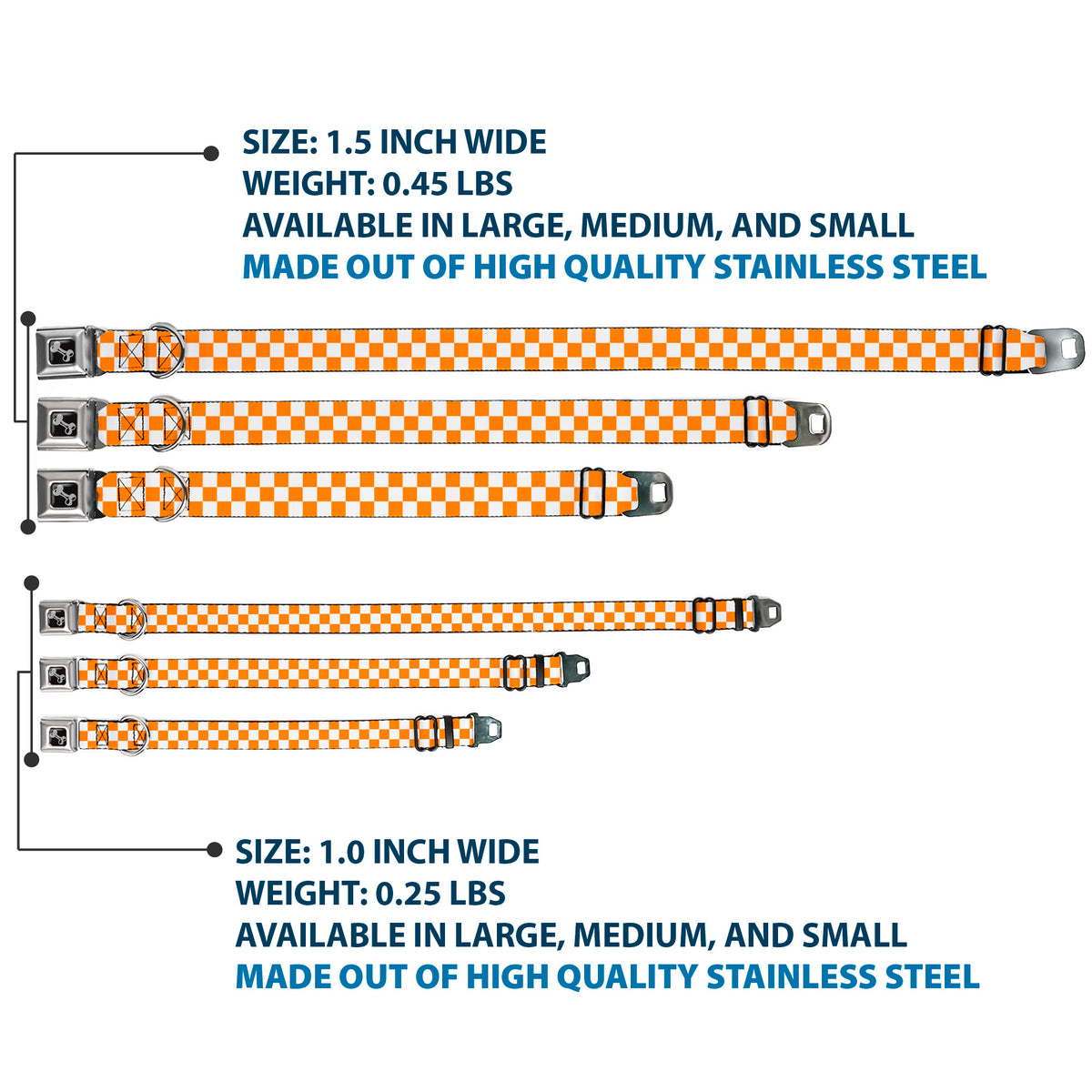 Dog Bone Seatbelt Buckle Collar - Checker White/TN Orange Dog Collars Seatbelt Buckle Buckle-Down