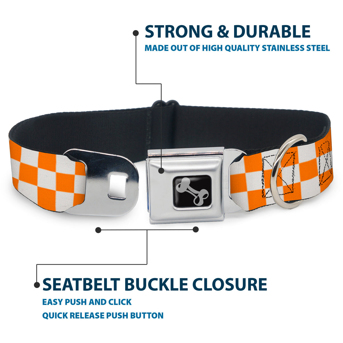 Dog Bone Seatbelt Buckle Collar - Checker White/TN Orange Dog Collars Seatbelt Buckle Buckle-Down