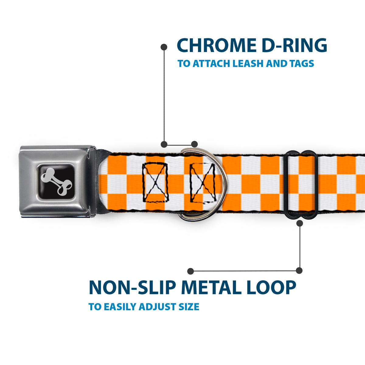 Dog Bone Seatbelt Buckle Collar - Checker White/TN Orange Dog Collars Seatbelt Buckle Buckle-Down