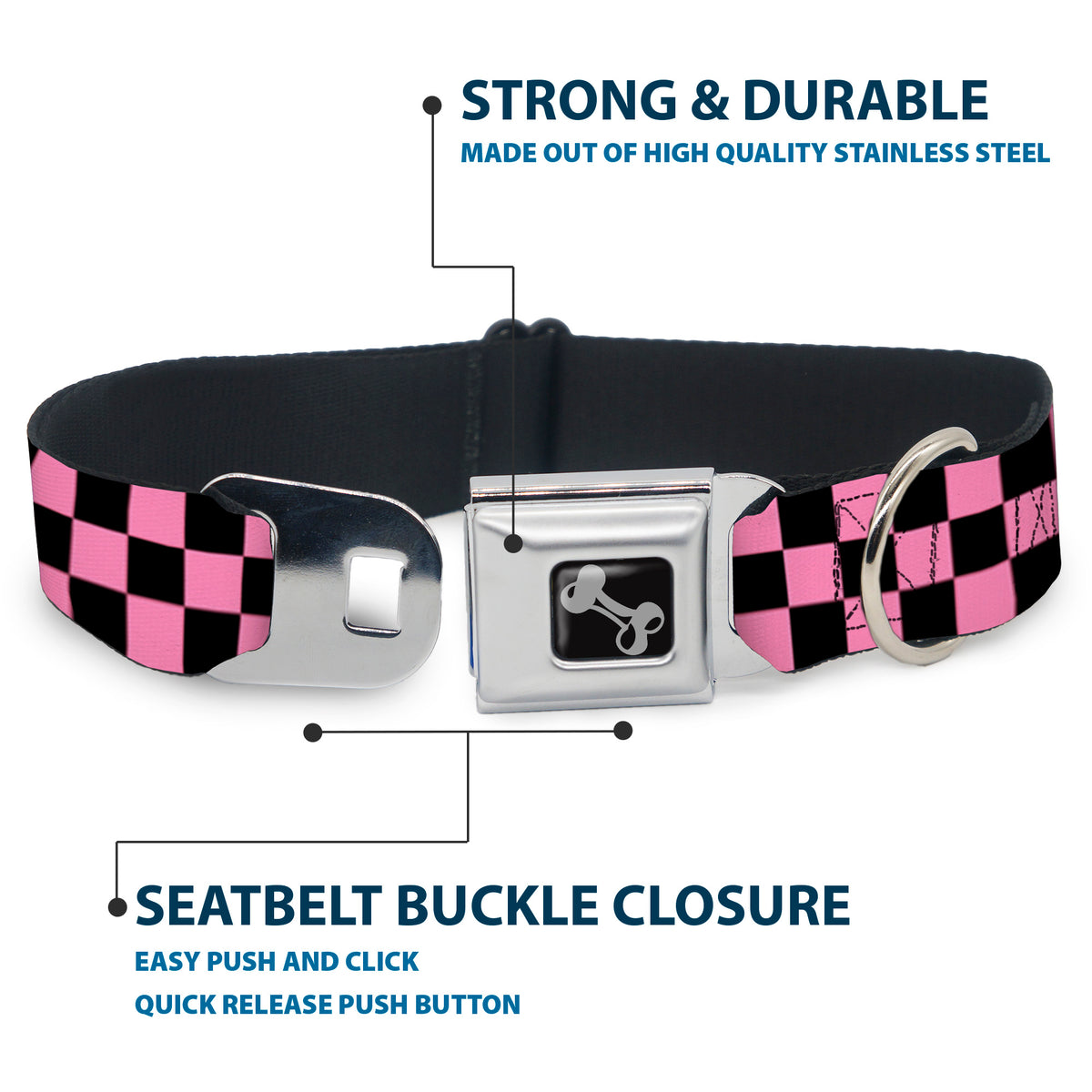 Dog Bone Seatbelt Buckle Collar - Checker Black/Baby Pink Dog Collars Seatbelt Buckle Buckle-Down