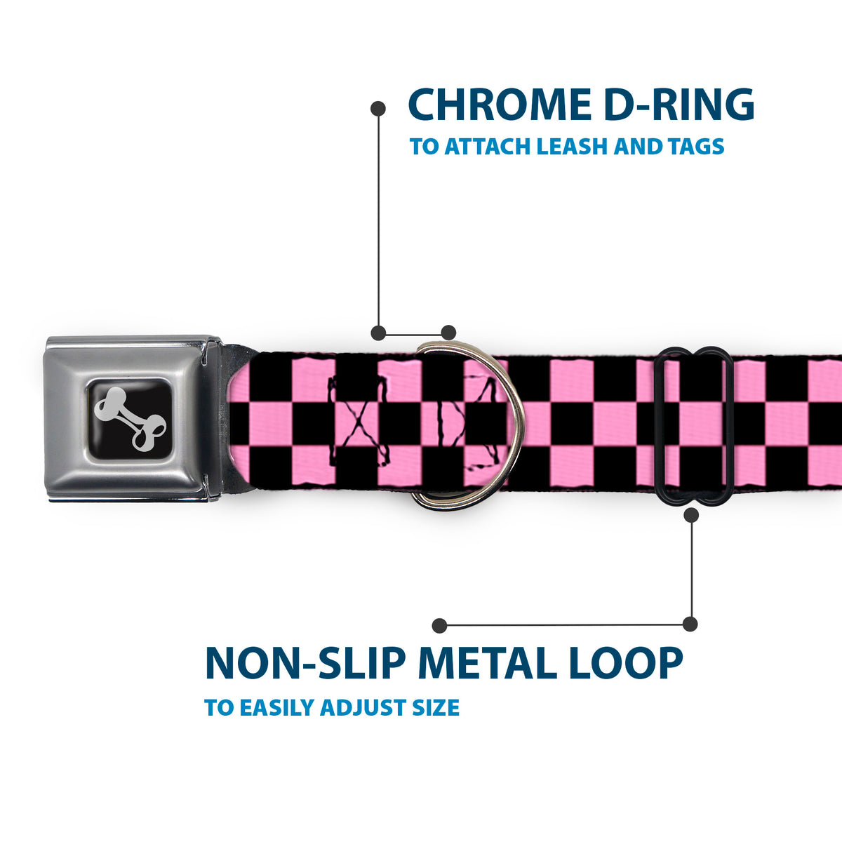 Dog Bone Seatbelt Buckle Collar - Checker Black/Baby Pink Dog Collars Seatbelt Buckle Buckle-Down