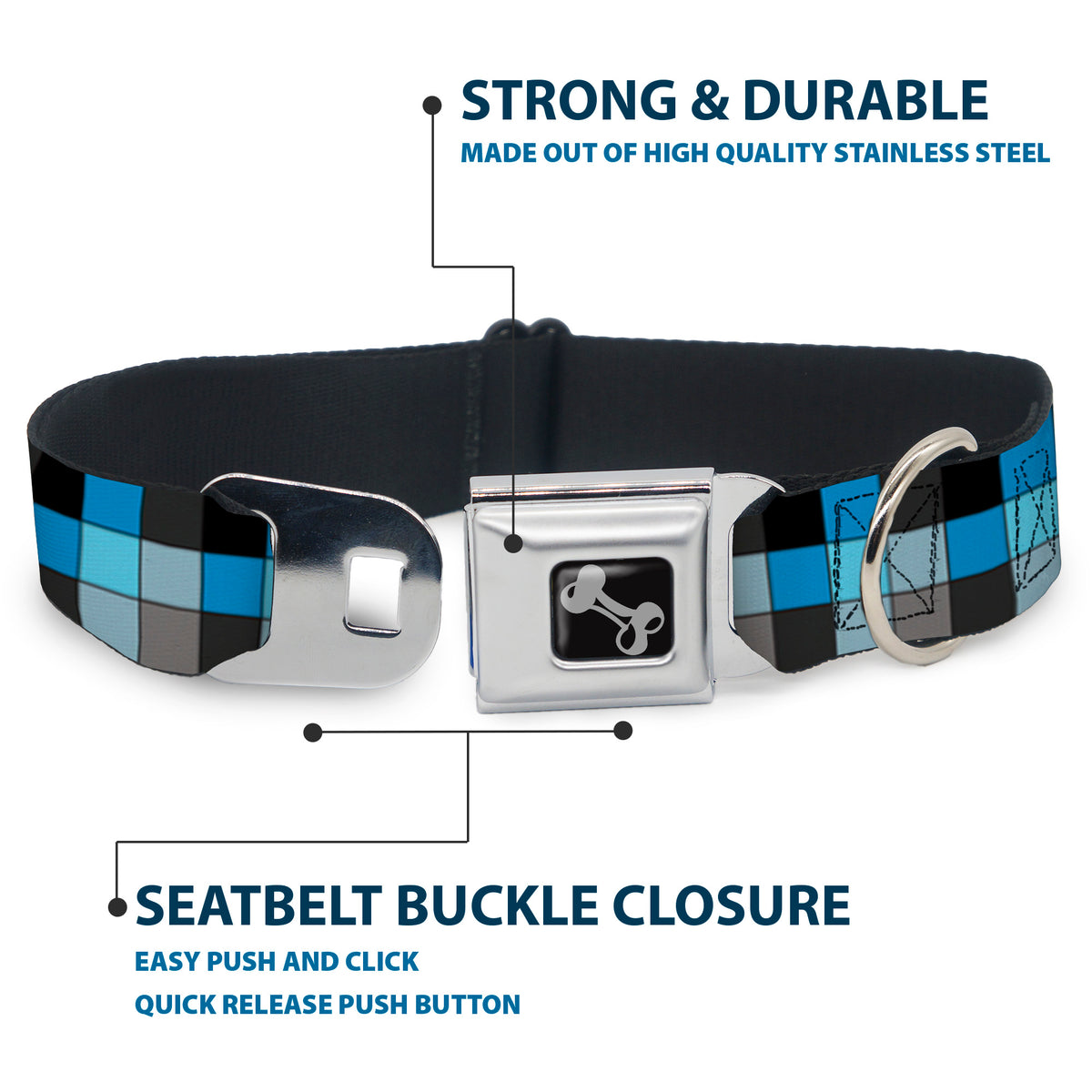 Dog Bone Seatbelt Buckle Collar - Checker Mosaic Blue Dog Collars Seatbelt Buckle Buckle-Down