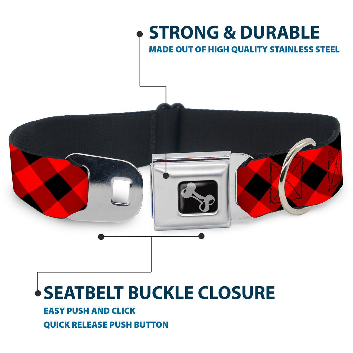 Dog Bone Seatbelt Buckle Collar - Diagonal Buffalo Plaid Black/Red Dog Collars Seatbelt Buckle Buckle-Down