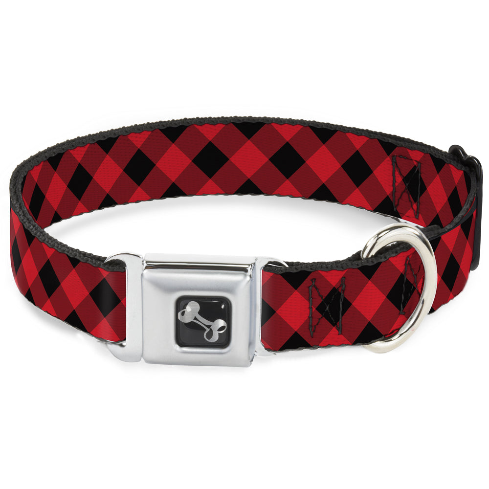 Dog Bone Seatbelt Buckle Collar - Diagonal Buffalo Plaid Black/Red Dog Collars Seatbelt Buckle Buckle-Down