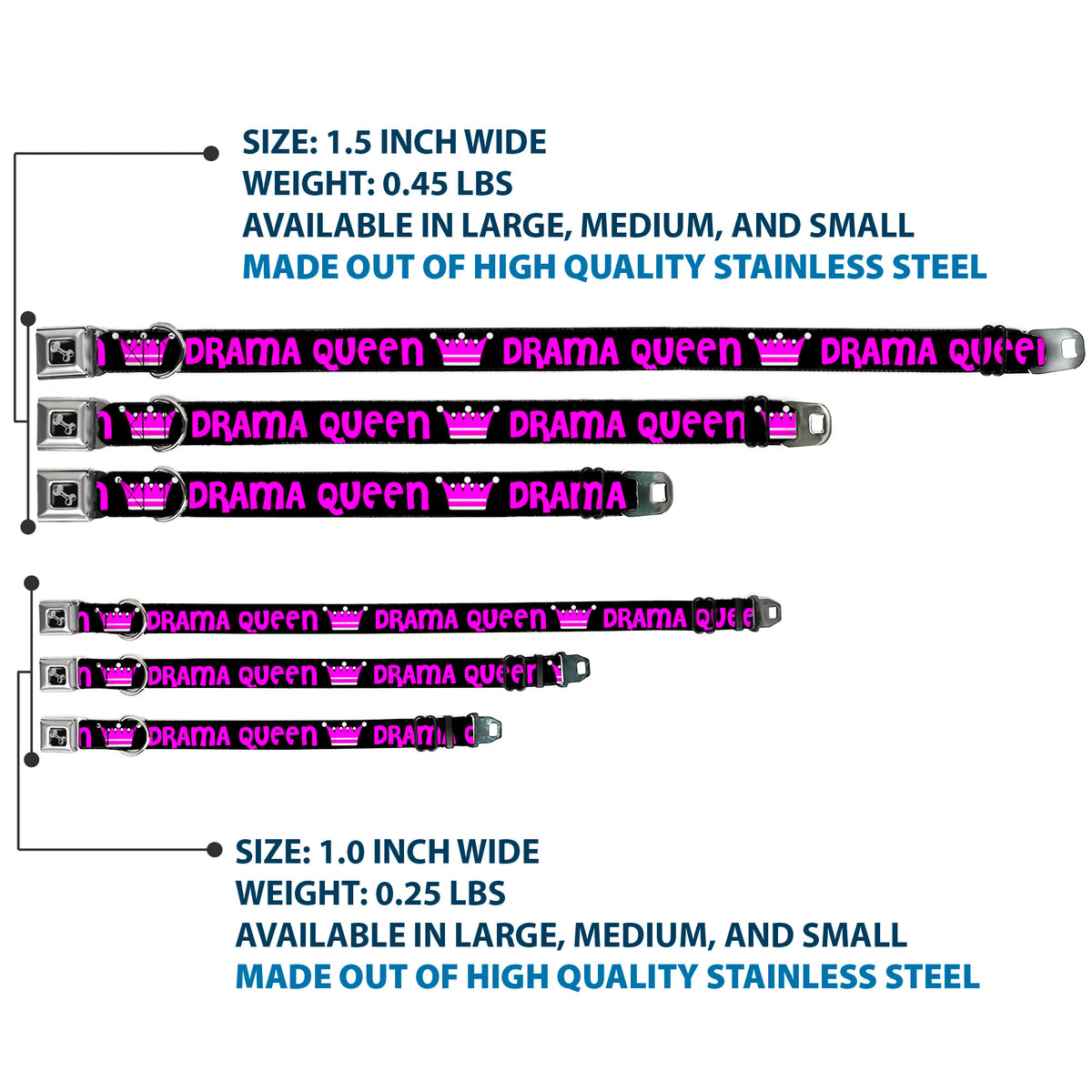 Dog Bone Seatbelt Buckle Collar - DRAMA QUEEN Black/Fuchsia Dog Collars Seatbelt Buckle Buckle-Down