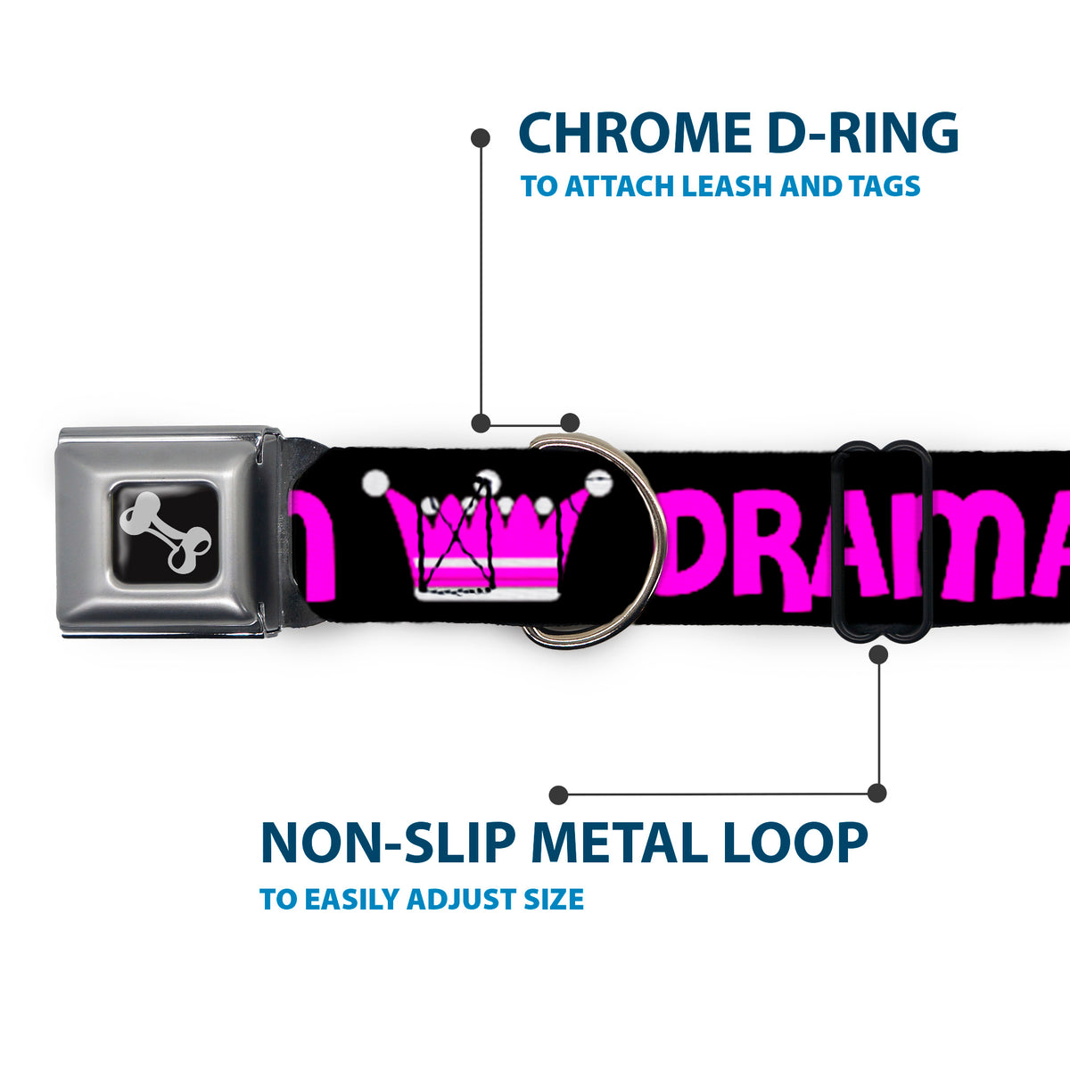 Dog Bone Seatbelt Buckle Collar - DRAMA QUEEN Black/Fuchsia Dog Collars Seatbelt Buckle Buckle-Down