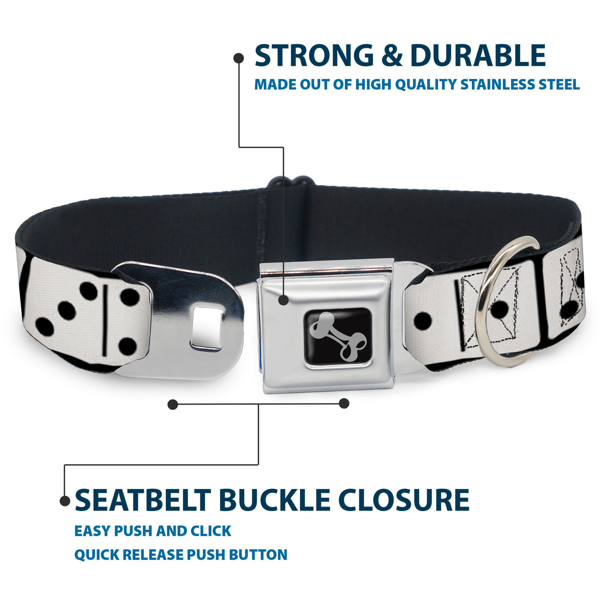 Dog Bone Seatbelt Buckle Collar - Dominoes Black/White/Black Dog Collars Seatbelt Buckle Buckle-Down
