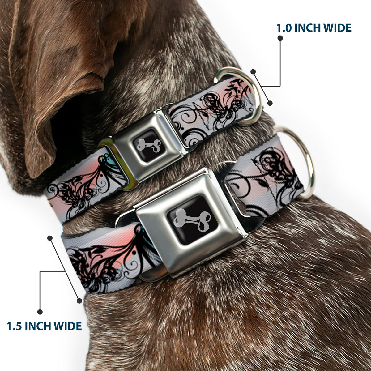 Dog Bone Seatbelt Buckle Collar - Flowers w/Filigree Pink Dog Collars Seatbelt Buckle Buckle-Down